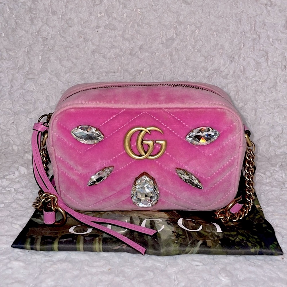 Gucci Marmont Matelasse Chevron Quilted Velvet Crystal Crossbody Bag Pink 448065